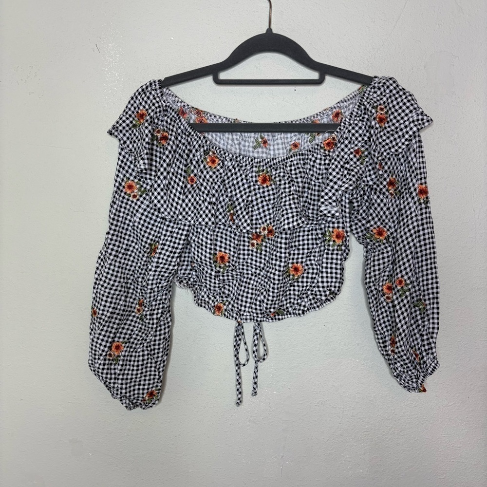 Peach Love Floral Gingham Crop Top Women's Top Size Large - Picture 6 of 6